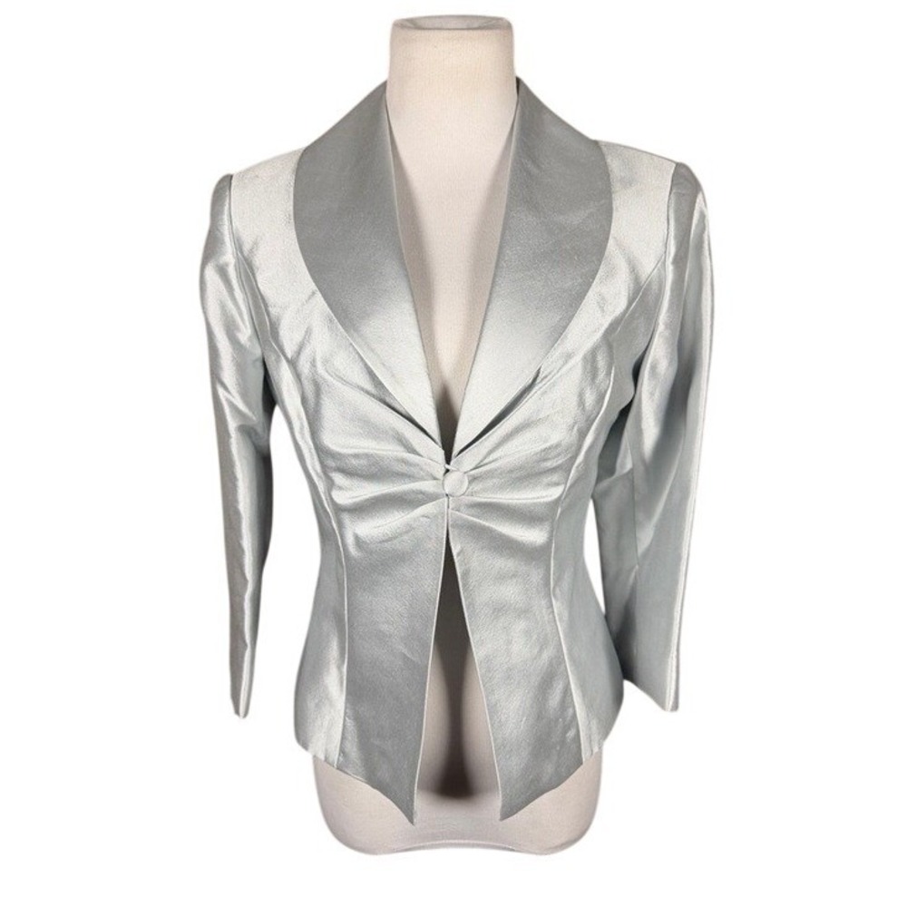 Adrianna Papell Occasions Silver Silk Blend Metallic Blazer‎ Jacket Size 6